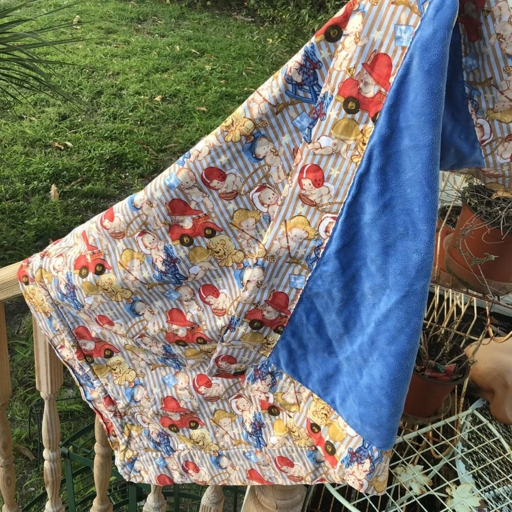 Baby Red Quilt Football Fireman Policeman Farmer Blue Soft Minky Fabric Handmade
